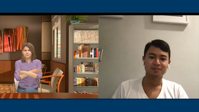 A student in one screen talking to an avatar of a parent in the virtual program Mursion